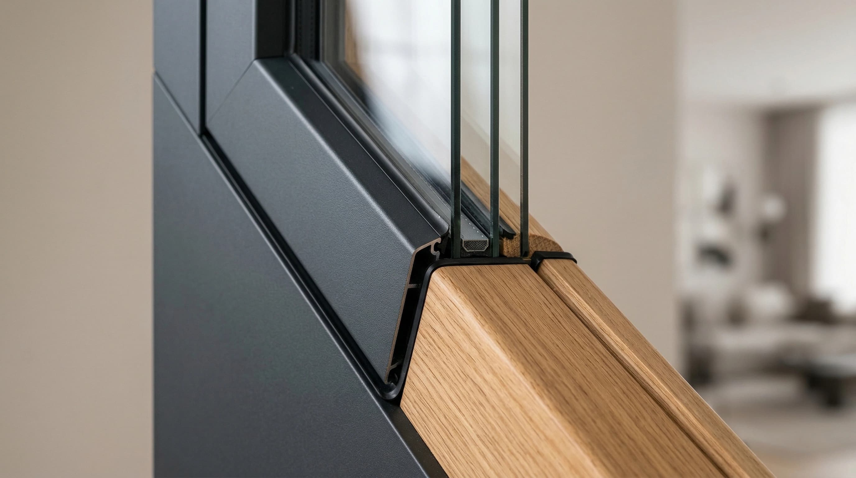 Dettaglio dell'angolo di un serramento con telaio scuro e finitura legno nello showroom