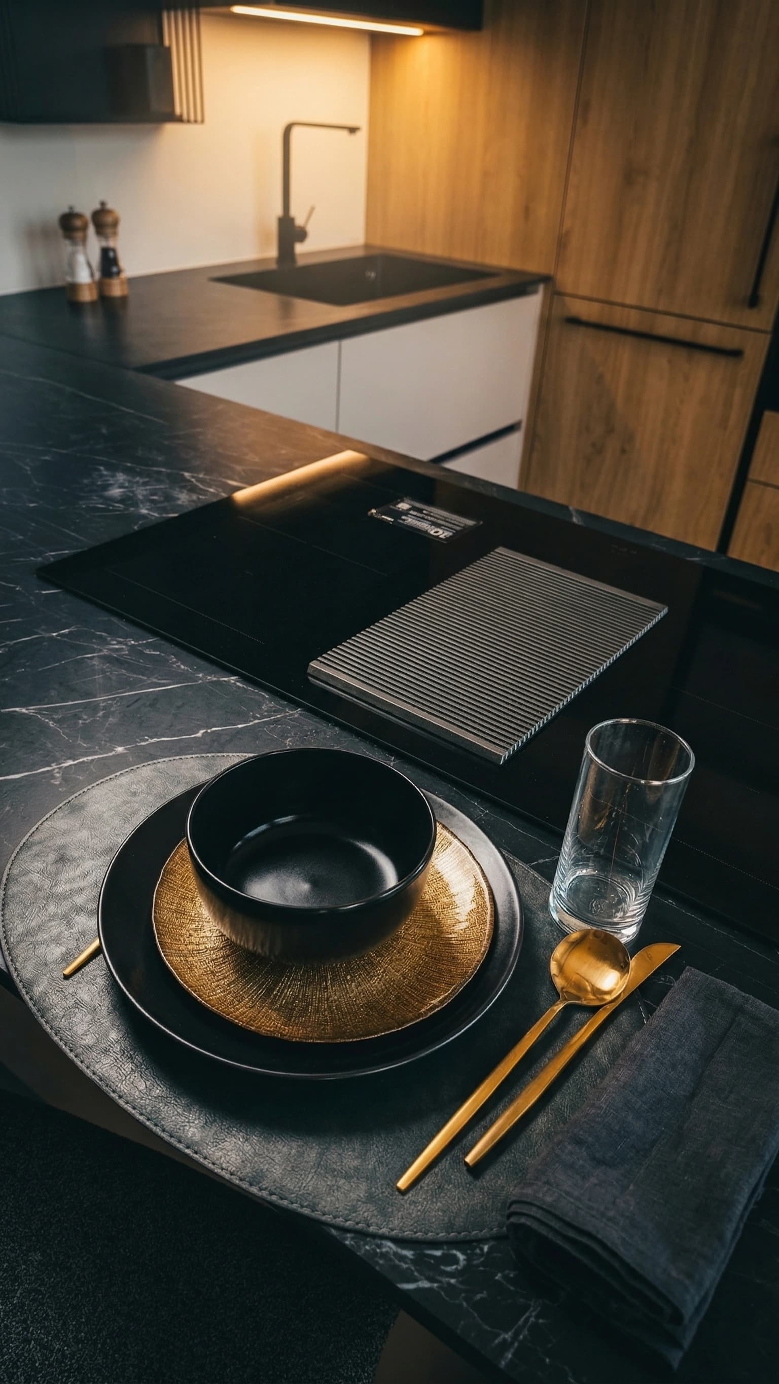 Dettaglio cucina con piano in marmo nero e accenti dorati
