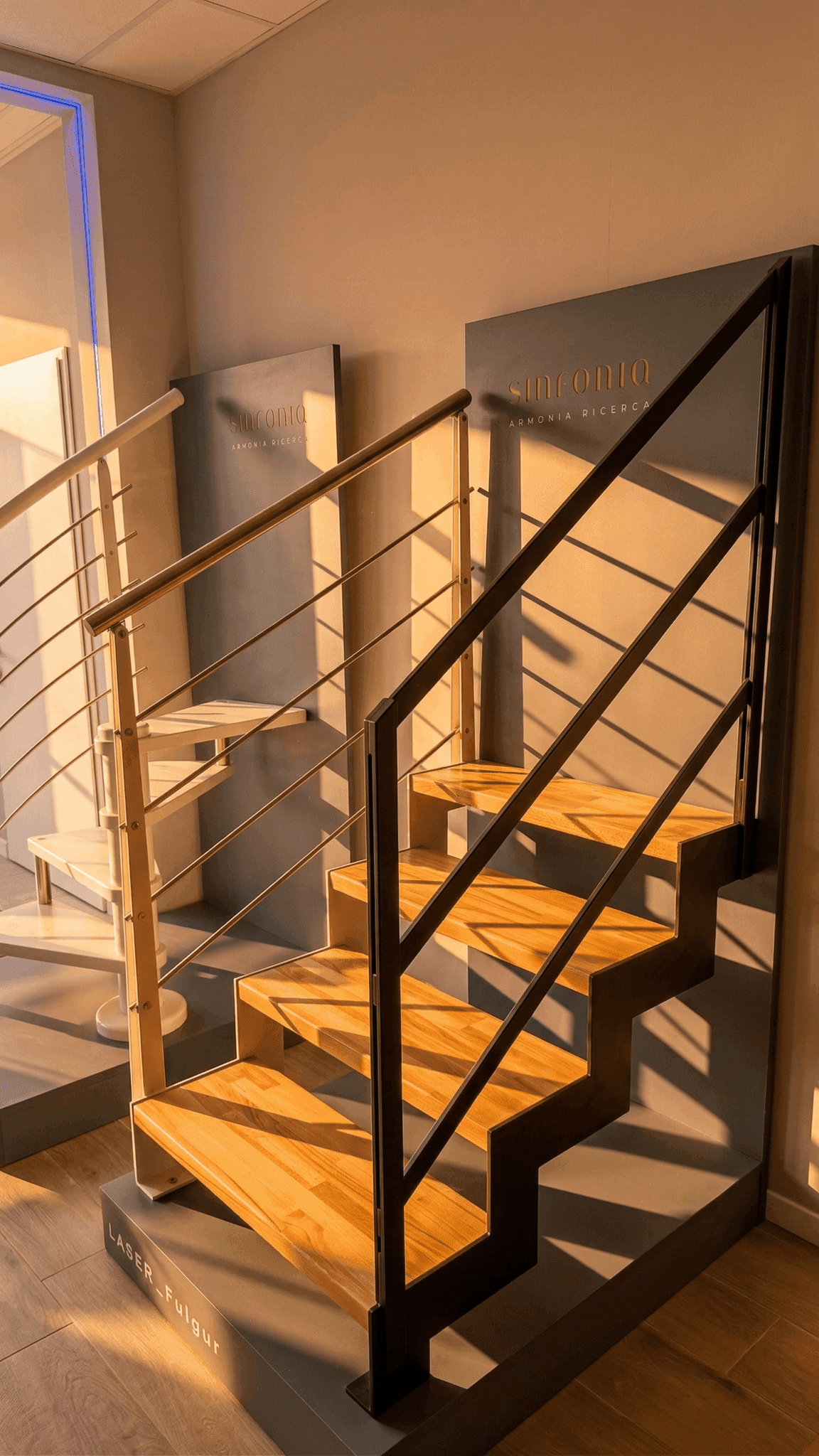 Scala in legno e acciaio con ringhiera in esposizione nello showroom